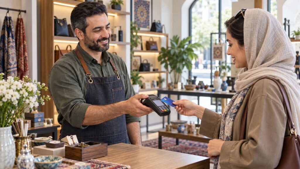 صاحب فروشگاه در حال دریافت پرداخت با کارتخوان